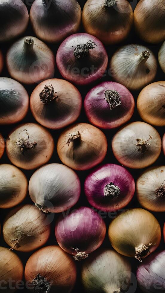 ai generiert oben Aussicht frisch groß Gelb Zwiebeln beim Lebensmittelgeschäft, kulinarisch Foto Vertikale Handy, Mobiltelefon Hintergrund