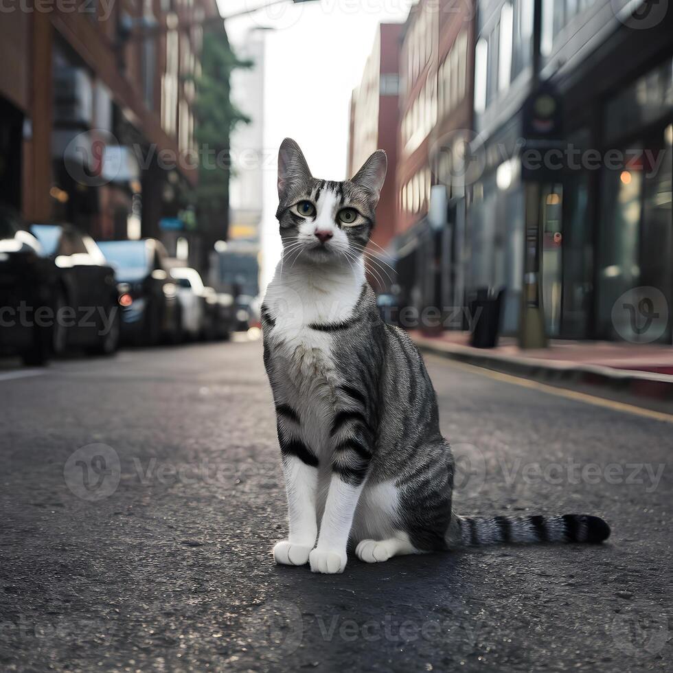 ai generiert schön Katze Streiks Pose auf städtisch Straße, ausströmend Eleganz und Anmut zum Sozial Medien Post Größe foto