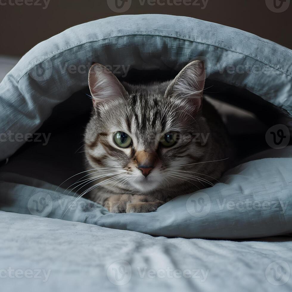 ai generiert Katze findet Zuflucht und Komfort eingebettet auf ein gemütlich Bett zum Sozial Medien Post Größe foto