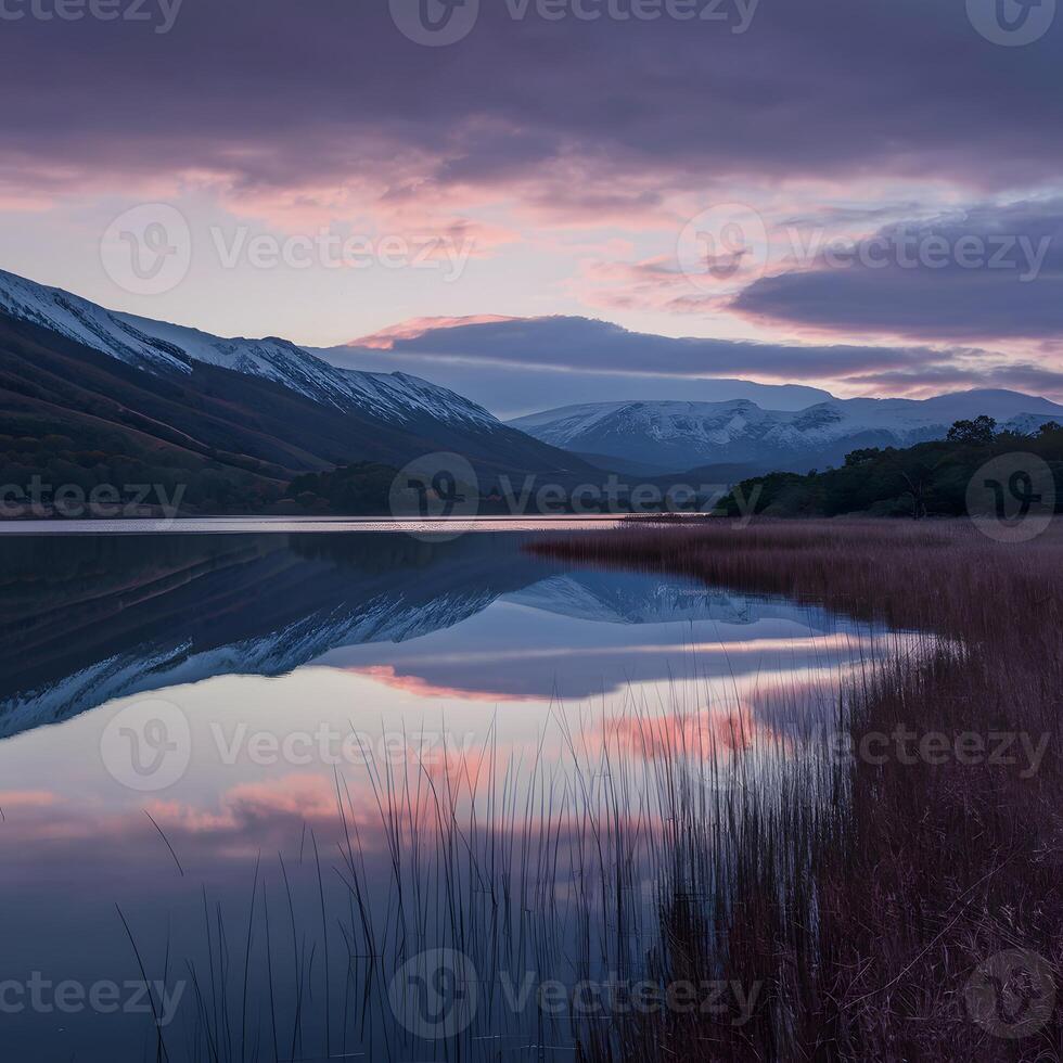 ai generiert Dämmerung Himmel reflektieren im still Wasser von See Dunvegan zum Sozial Medien Post Größe foto