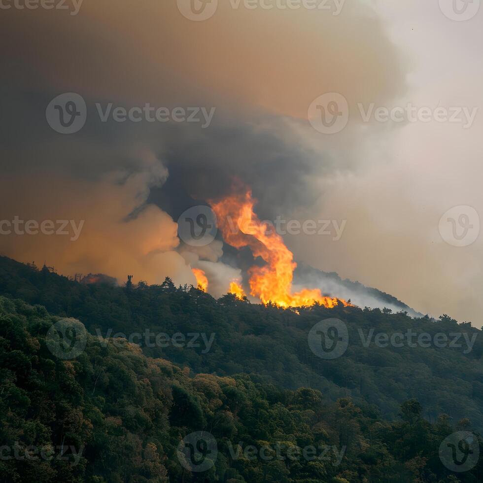 ai generiert Wald Feuer emittiert Rauch, Gießen bedrohlich Schleier Über Bäume zum Sozial Medien Post Größe foto