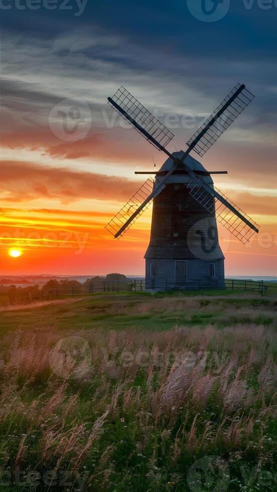 ai generiert Windmühle Land Landschaft beim Sonnenuntergang inspiriert mit es ist Schönheit Vertikale Handy, Mobiltelefon Hintergrund foto