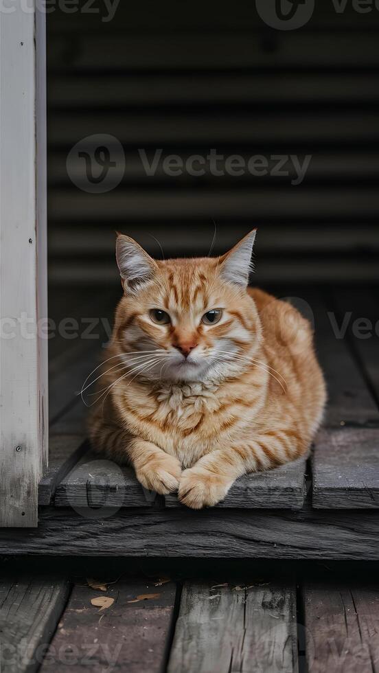 ai generiert Ingwer Katze genießt gemächlich Moment auf hölzern Veranda Vertikale Handy, Mobiltelefon Hintergrund foto
