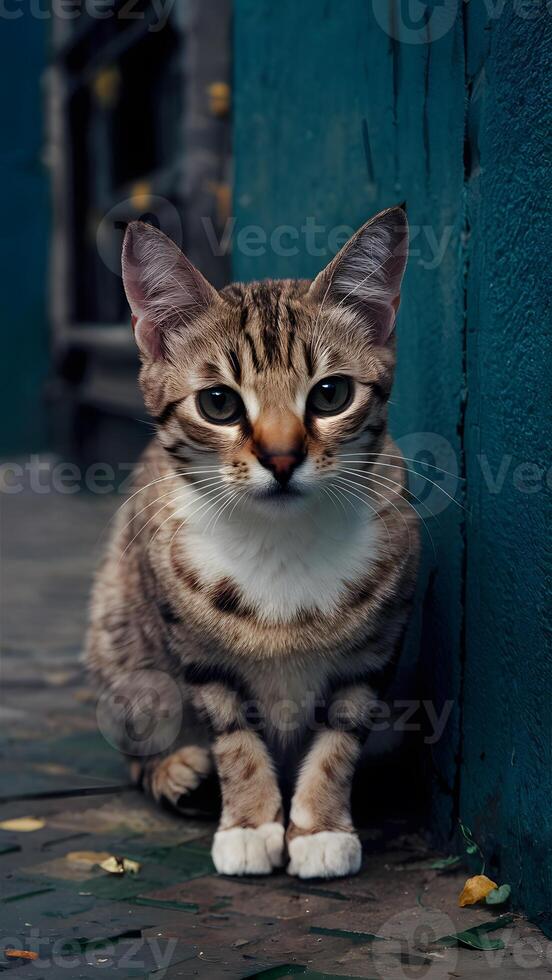 ai generiert streunend Katzen ergreifend Blick spiegelt Härten konfrontiert auf das Straßen Vertikale Handy, Mobiltelefon Hintergrund foto