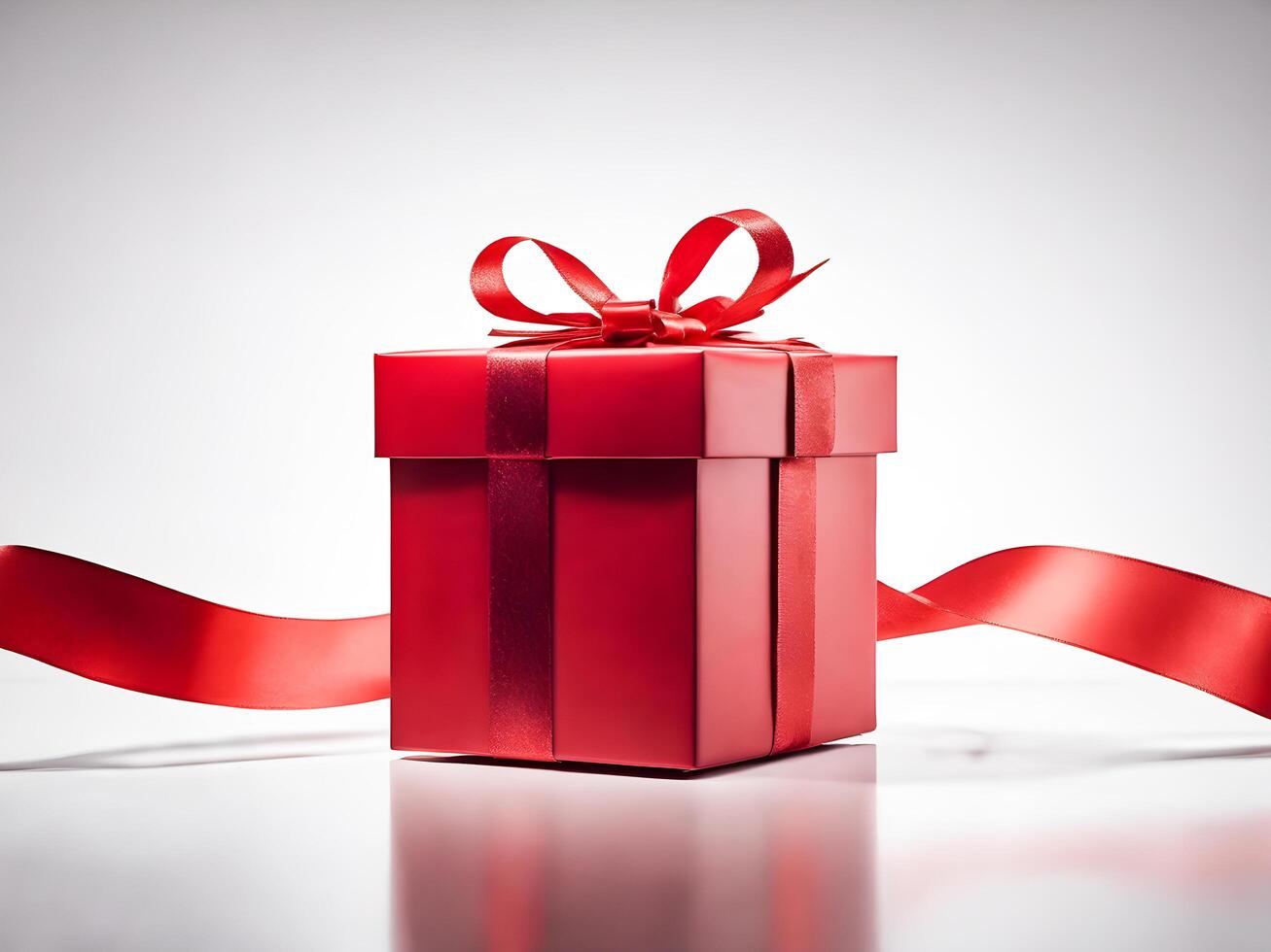 ai generiert rot Geschenk Box mit rot Band auf Weiß Hintergrund. foto