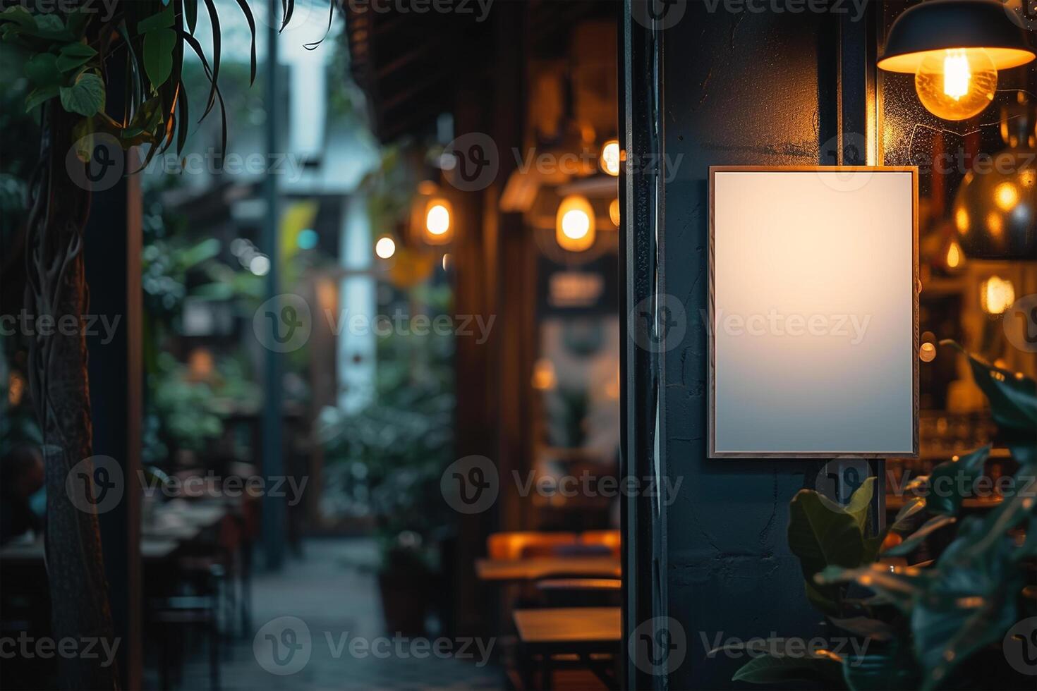 ai generiert leeren Banner Modelle im Vorderseite von ein Kaffee Geschäft foto