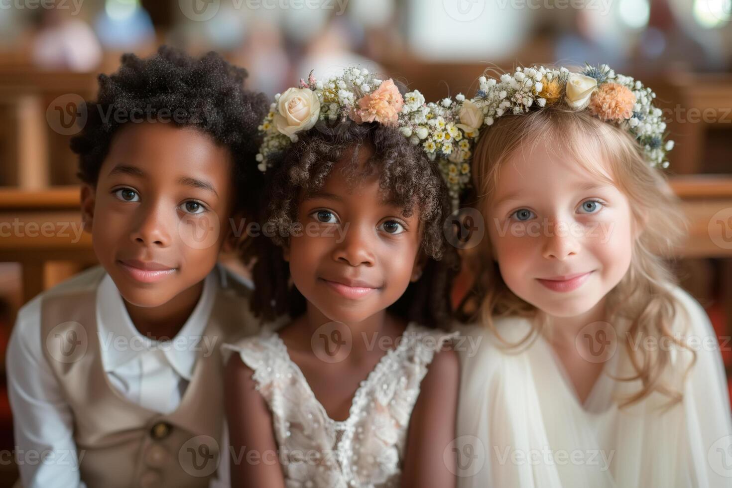 ai generiert drei vielfältig Kinder gekleidet im festlich Weiß Outfits, halten anmutig Blume Kronen im ein Kirche während ein Hochzeit Zeremonie foto