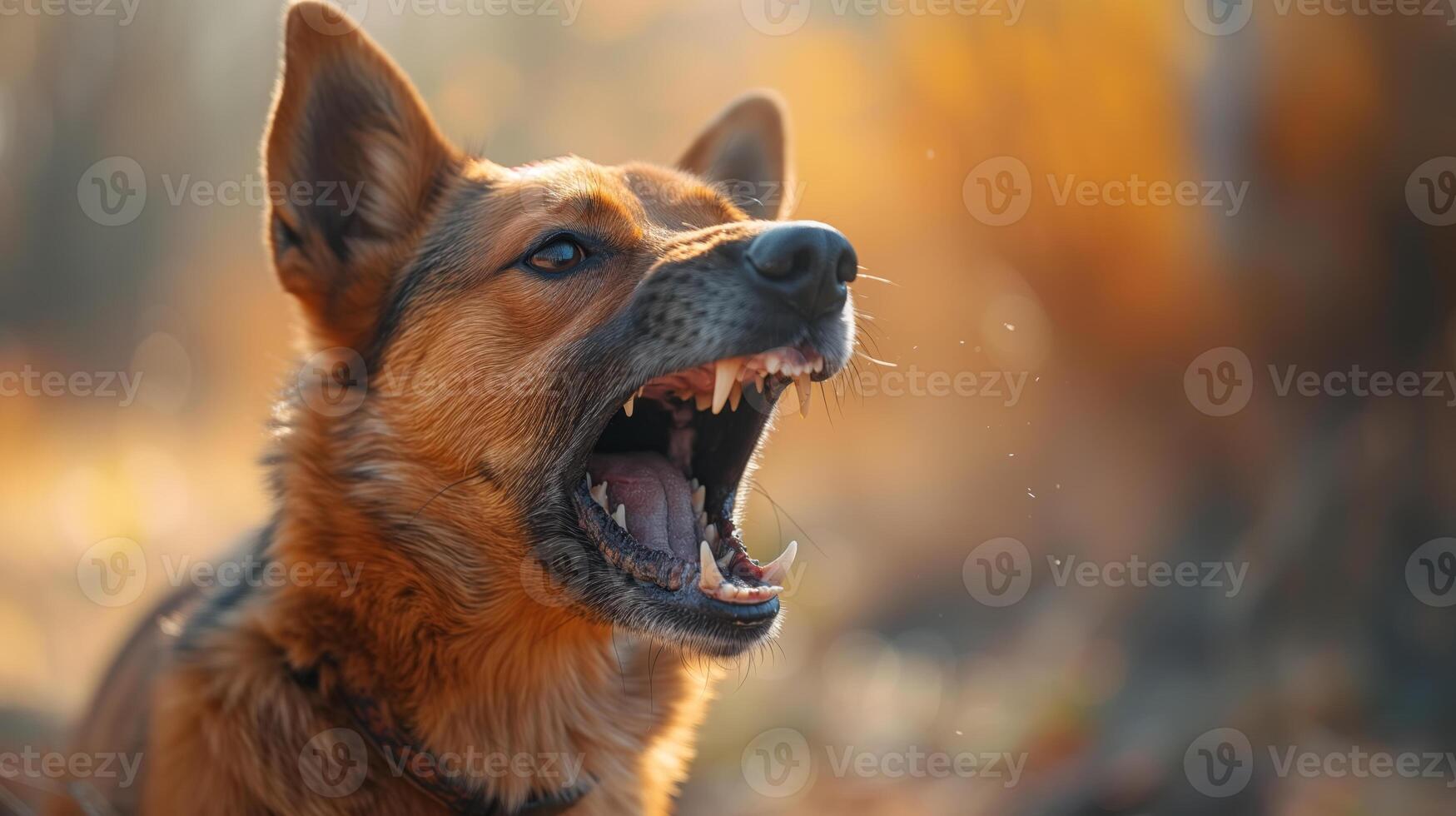 ai generiert Nahansicht von ein Hund mit ein öffnen Mund, ein gefährlich aggressiv Gebell Tier foto