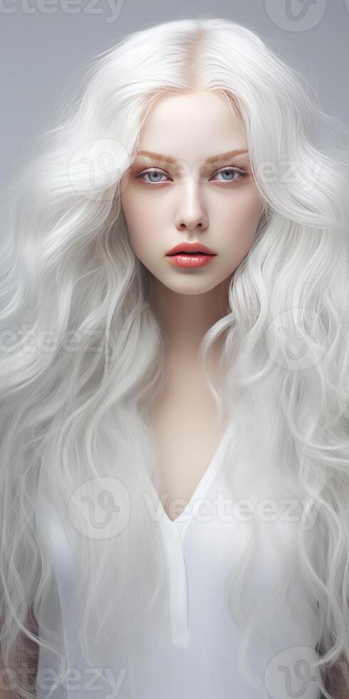 ai generiert jung Frau mit schön Weiß Haar auf ein Licht Hintergrund. generativ ai foto