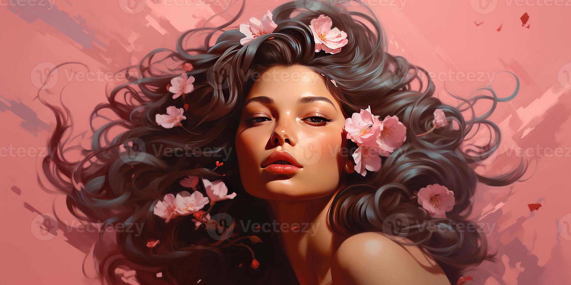 ai generiert Illustration von ein jung glücklich Mädchen auf ein Rosa Blumen- Hintergrund. generativ ai foto