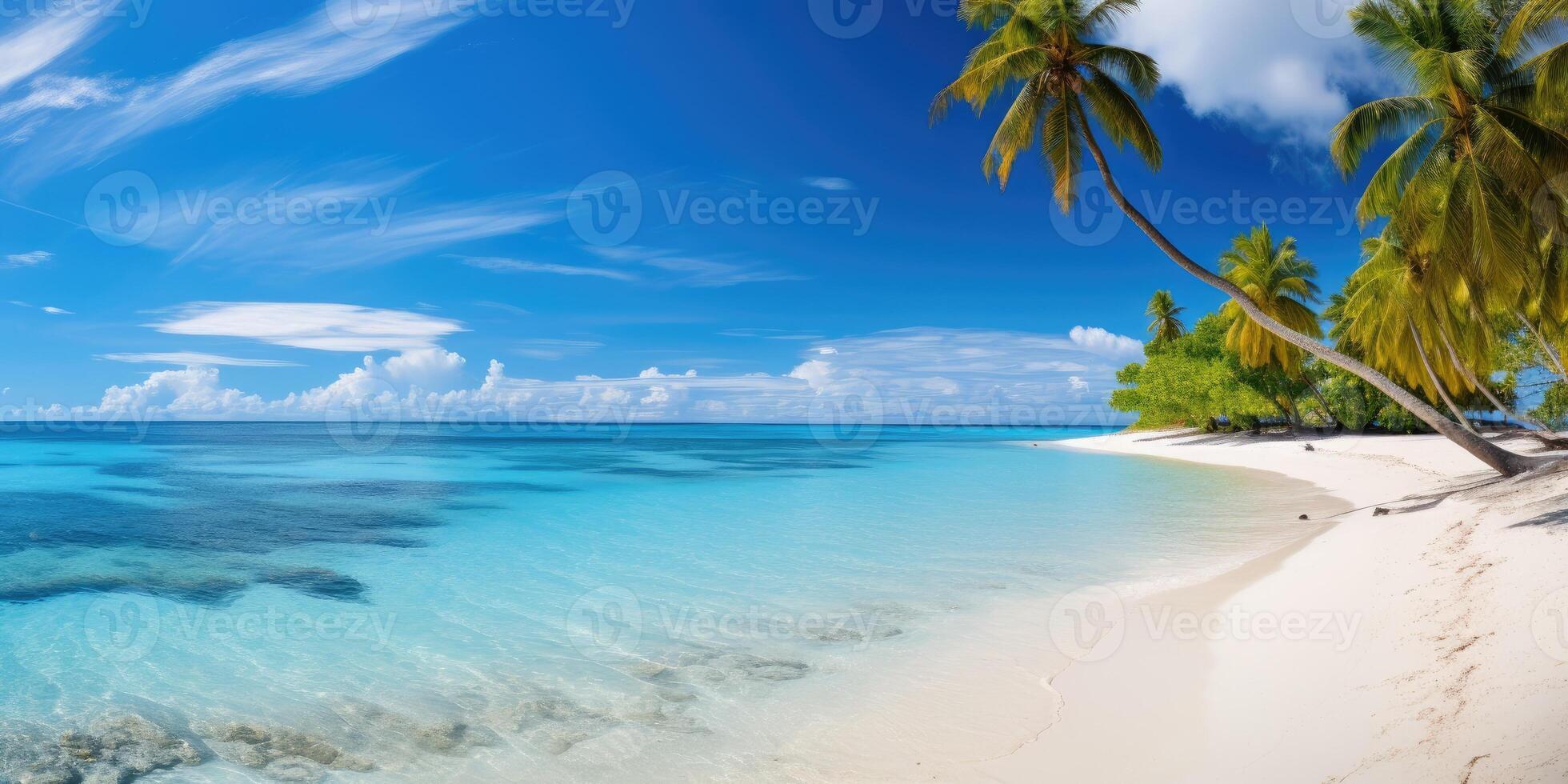 ai generiert horizontal Bild von tropisch Insel mit Palme Bäume und Weiß Sand. generativ ai foto