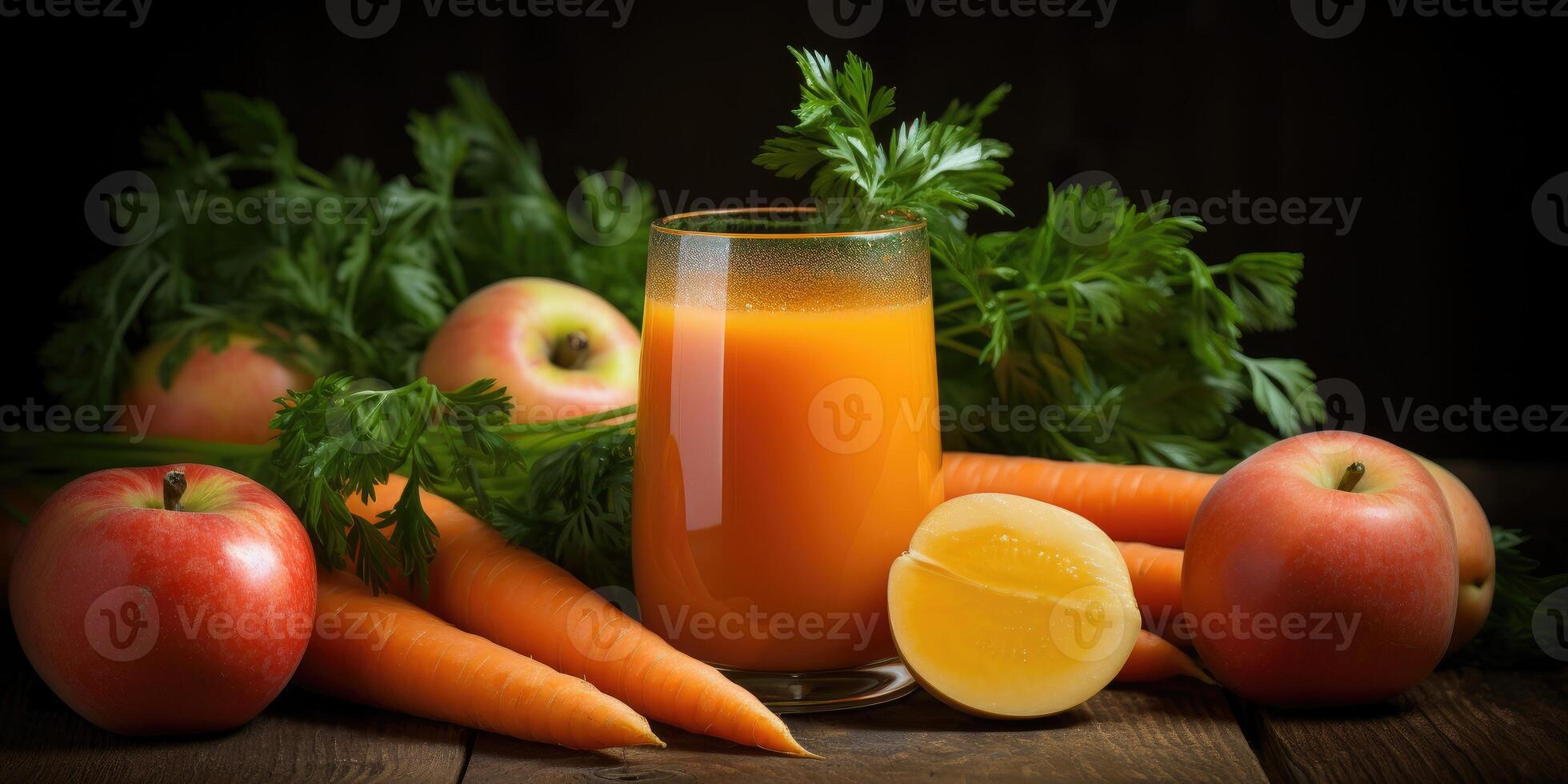 ai generiert frisch Ei und Karotte Saft mit Kräuter im ein Glas auf hölzern Tisch. generativ ai foto