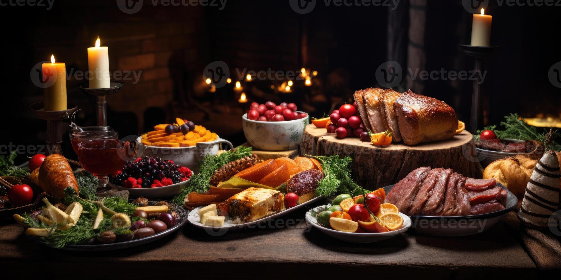 ai generiert festlich Buffet zum Neu Jahre Party, Weihnachten Tabelle mit Lebensmittel. generativ ai foto