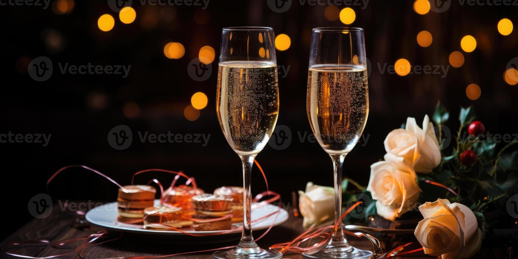 ai generiert festlich Hintergrund, Blumen und Sekt, Brille von Champagner Nahansicht auf das Tisch, generativ ai foto