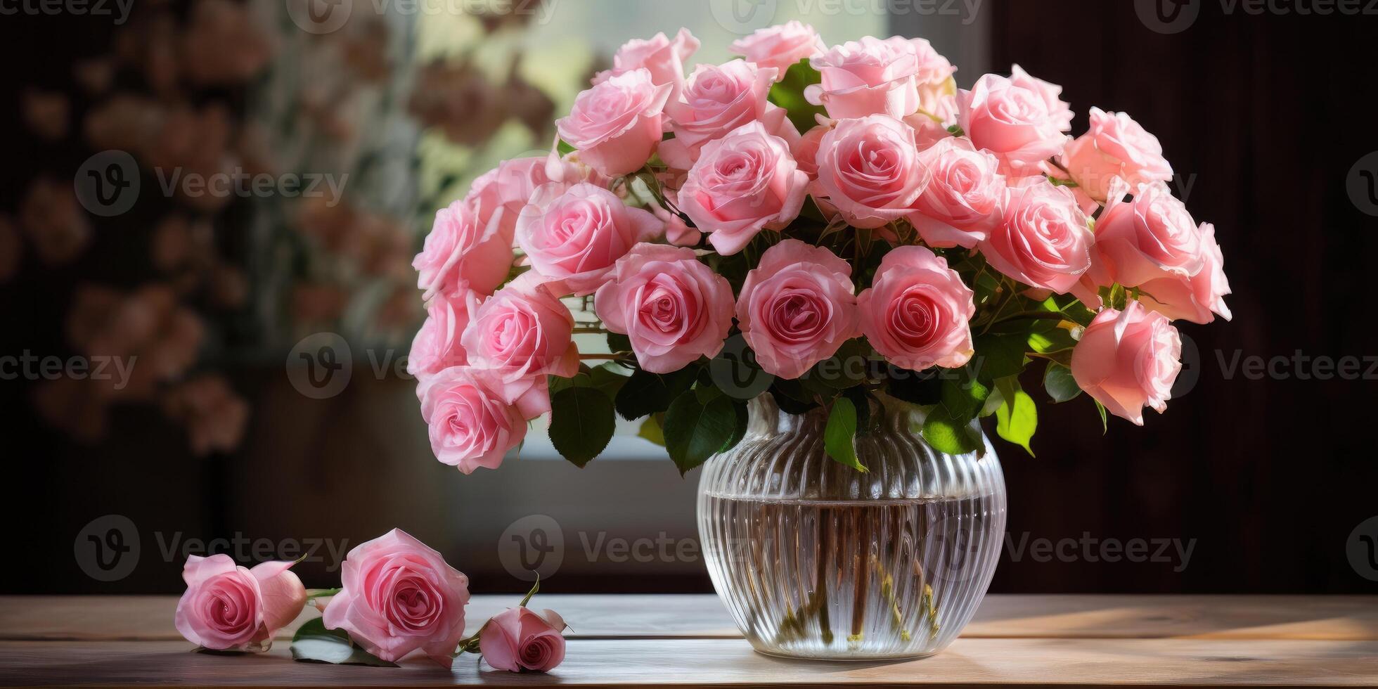ai generiert Strauß von Rosa Rosen im ein Glas Vase auf ein hölzern Hintergrund. generativ ai foto