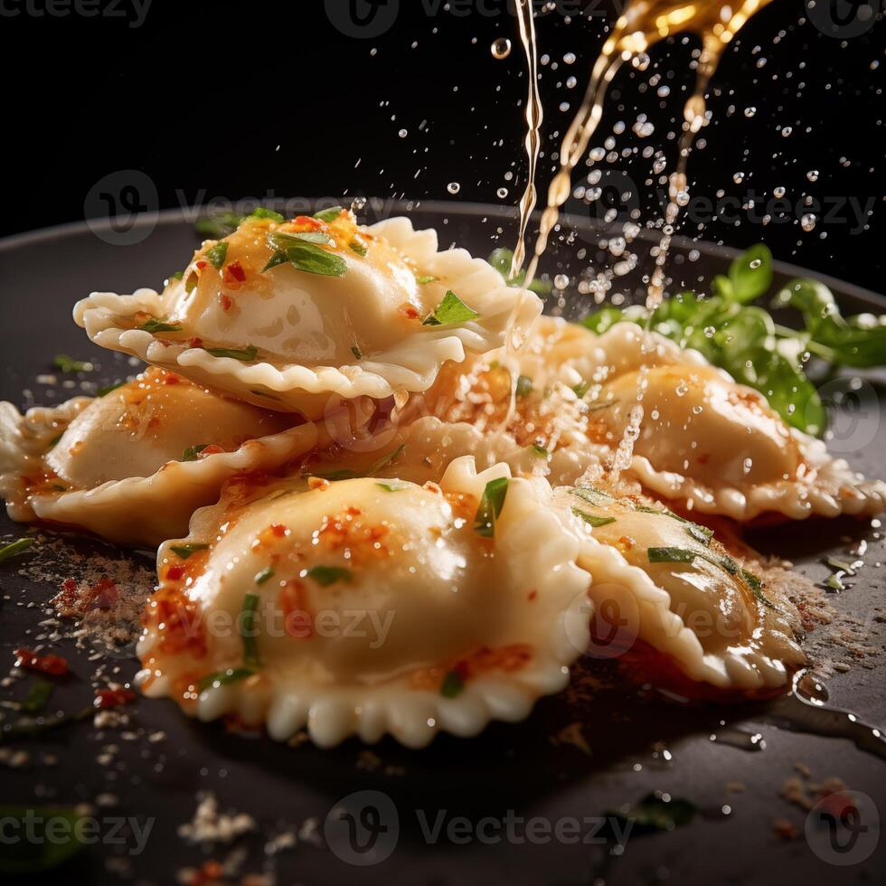 ai generiert Ravioli Italienisch Restaurant Essen, schwarz Hintergrund, realistisch Foto