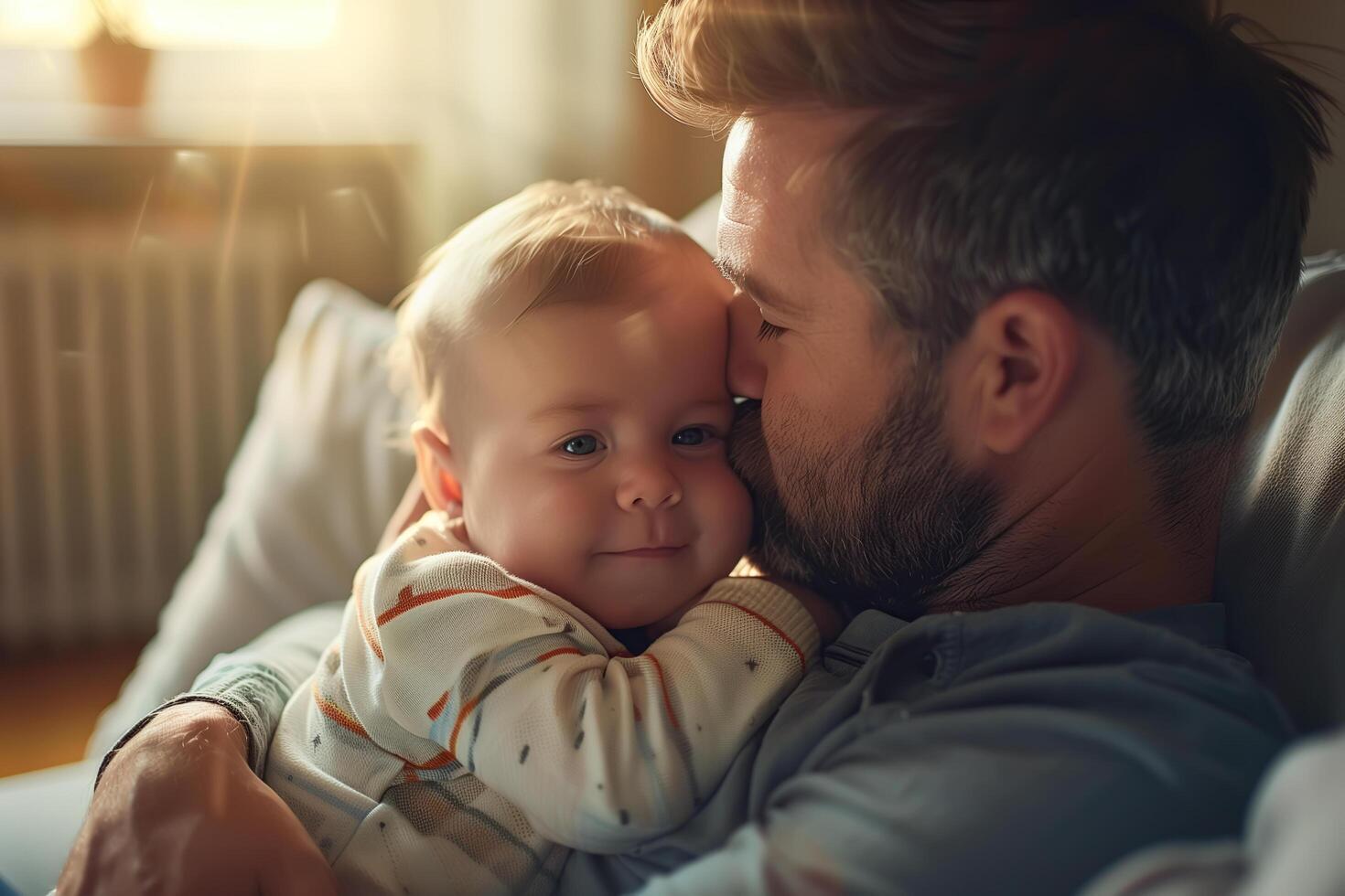 ein liebend Papa Wiegen seine bezaubernd Baby im seine Waffen, beide lächelnd mit rein Freude und Zuneigung . foto