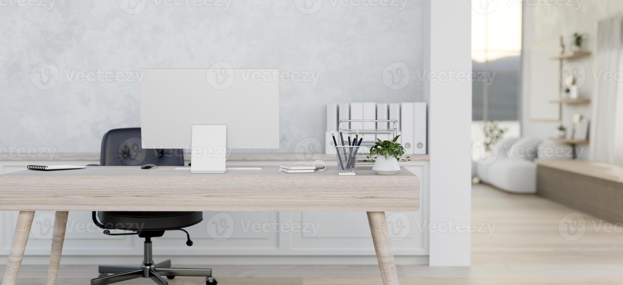 ein zeitgenössisch Weiß Zuhause Büro Eigenschaften ein Computer Schreibtisch und ein Türöffnung durch ein Leben Zimmer. foto