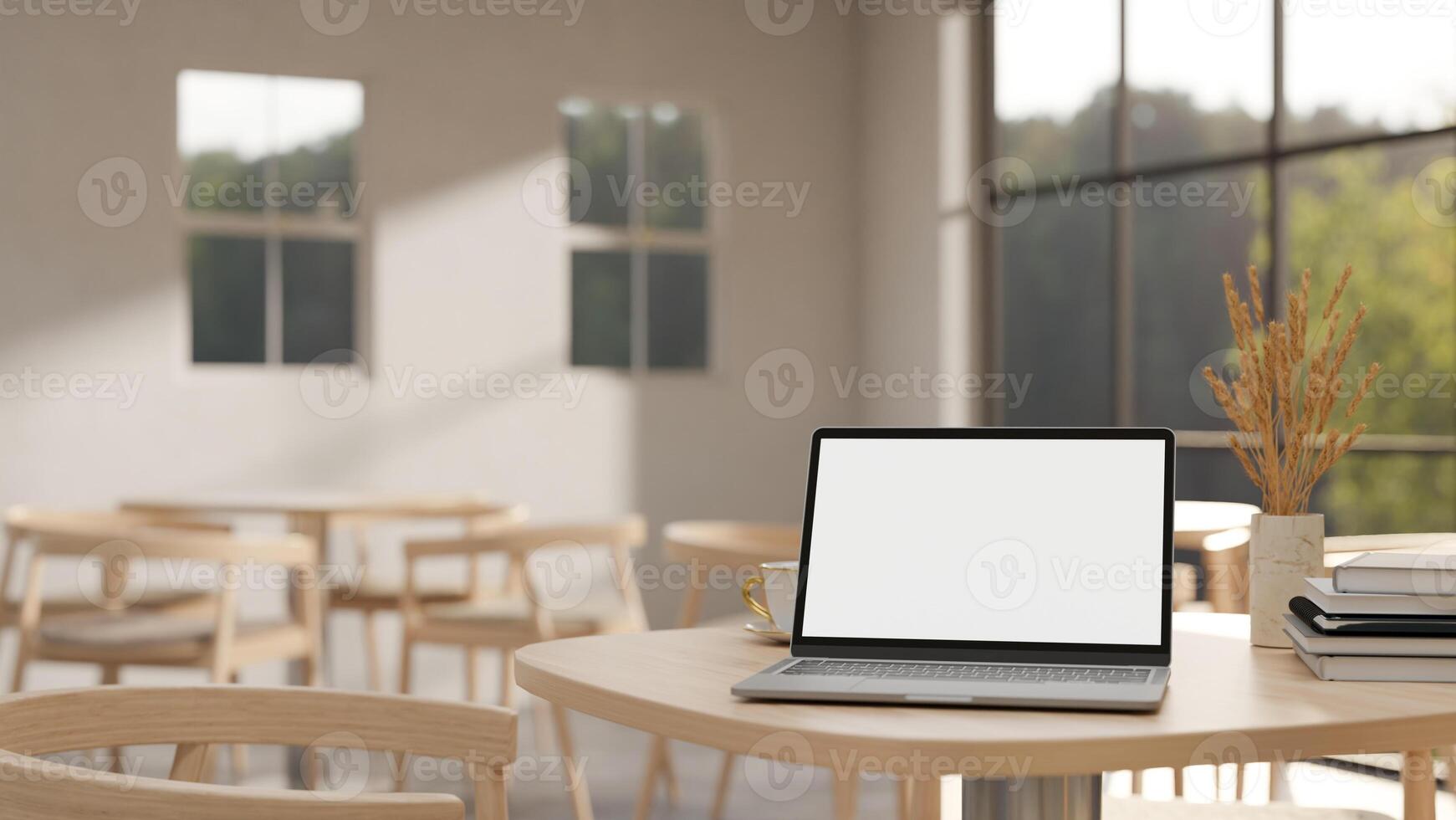 ein weißer Bildschirm Laptop Computer Attrappe, Lehrmodell, Simulation auf ein hölzern Tabelle im ein minimalistisch komfortabel Kaffee Geschäft. foto