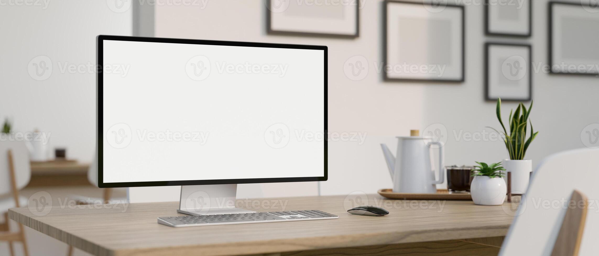 ein minimalistisch Zuhause Büro Eigenschaften ein weißer Bildschirm pc Computer Attrappe, Lehrmodell, Simulation auf ein Hartholz Schreibtisch. foto