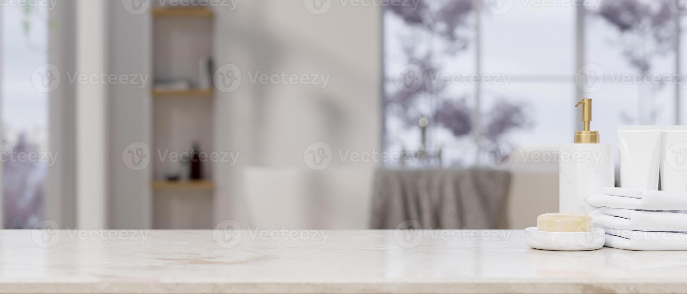 ein luxuriös Weiß Marmor Tischplatte Anzeigen ein einstellen von Toilettenartikel und bietet an Raum zum Produkt Anzeige. foto