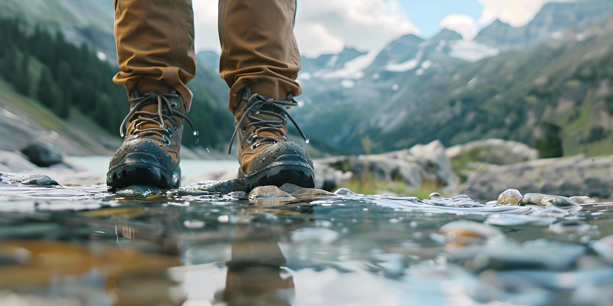 Wandern Wanderer Reisender Landschaft Abenteuer Natur draußen Sport Hintergrund Panorama - - schließen oben von Füße mit Wandern Schuhe von ein Mann oder Frau Gehen im das Fluss foto