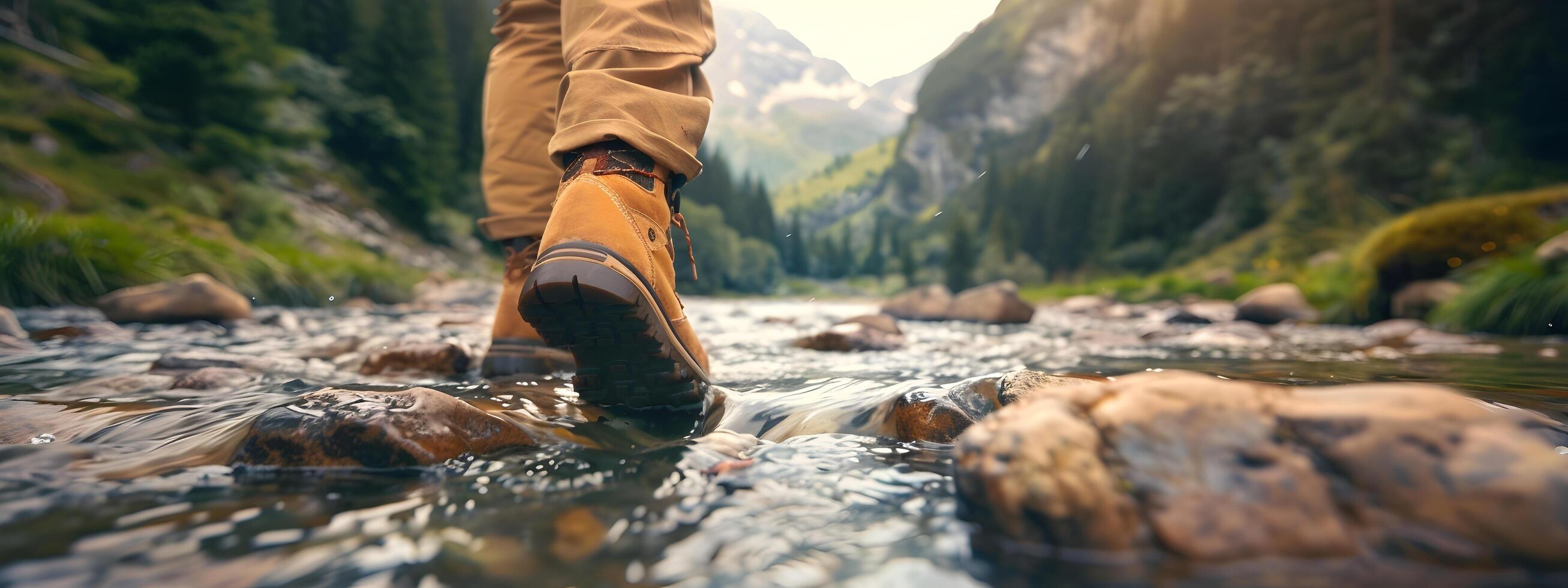 Wandern Wanderer Reisender Landschaft Abenteuer Natur draußen Sport Hintergrund Panorama - - schließen oben von Füße mit Wandern Schuhe von ein Mann oder Frau Gehen im das Fluss foto