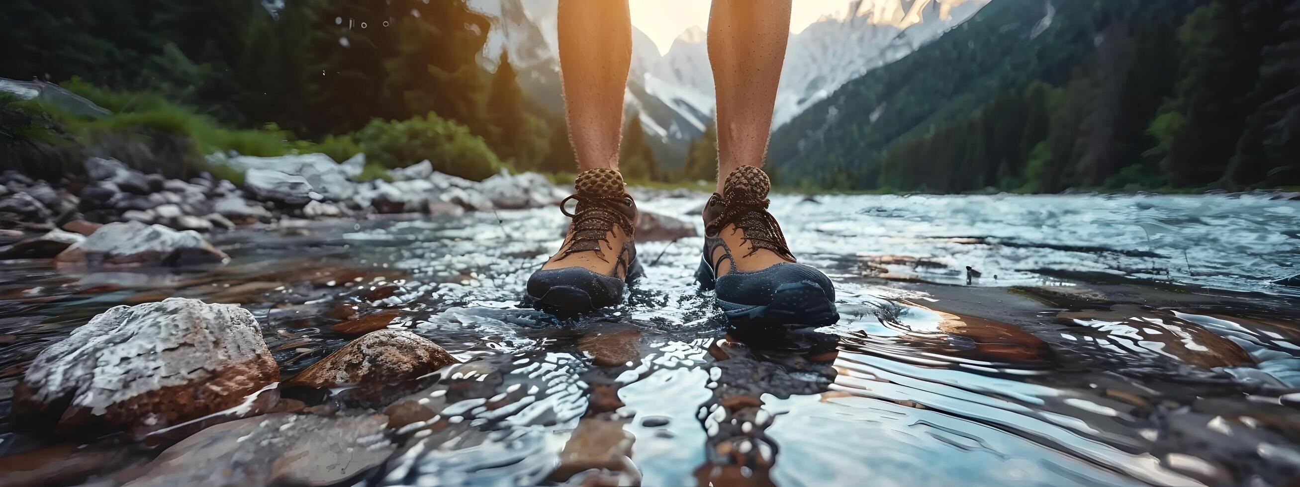 Wandern Wanderer Reisender Landschaft Abenteuer Natur draußen Sport Hintergrund Panorama - - schließen oben von Füße mit Wandern Schuhe von ein Mann oder Frau Gehen im das Fluss foto