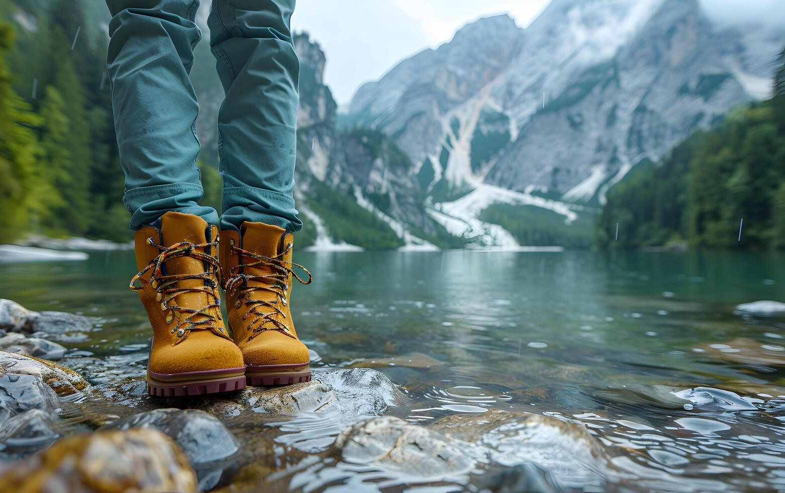 Wandern Wanderer Reisender Landschaft Abenteuer Natur draußen Sport Hintergrund Panorama - - schließen oben von Füße mit Wandern Schuhe von ein Mann oder Frau Gehen im das Fluss foto