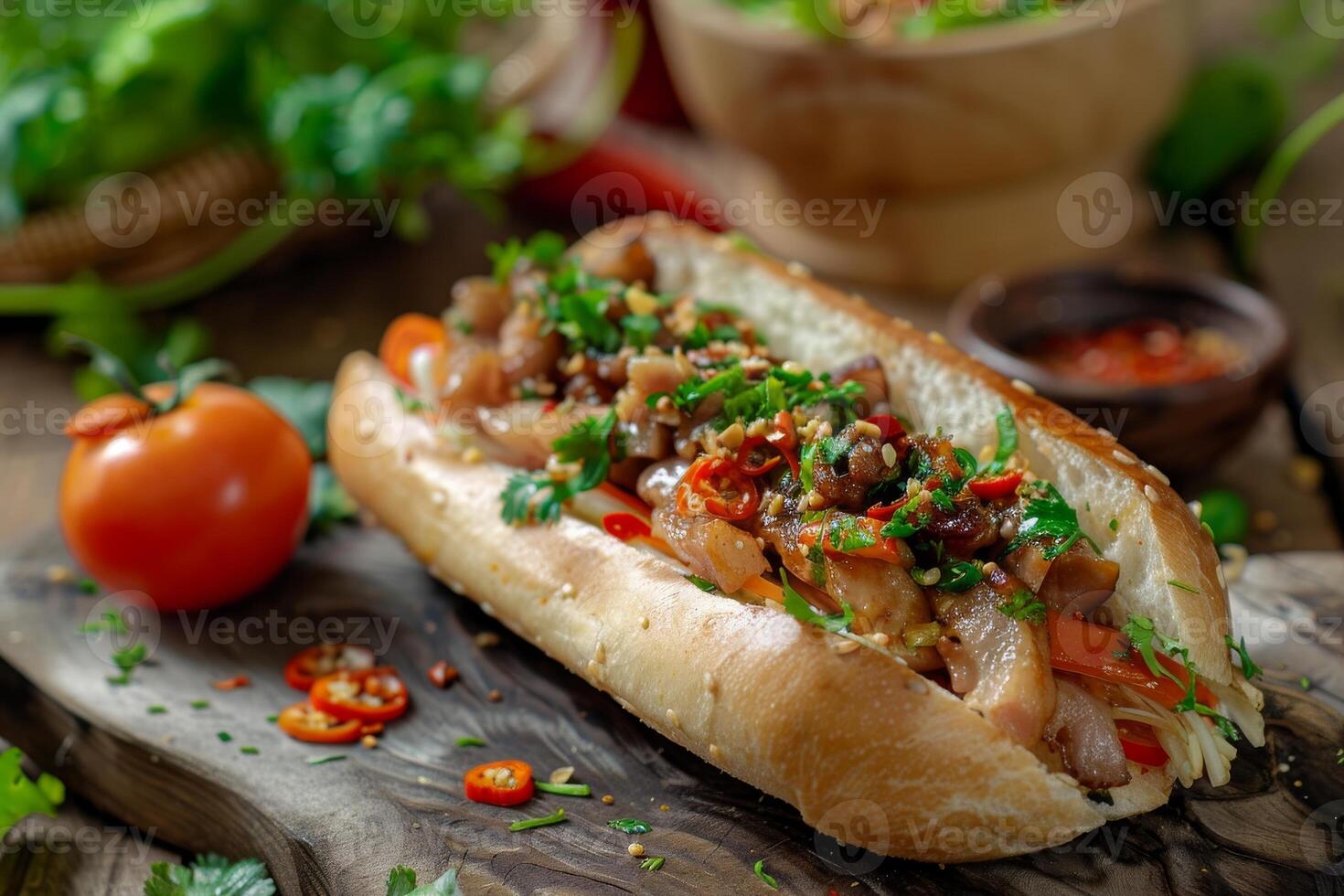 köstlich Sandwich mit Fleisch, Tomaten, Pfeffer, Koriander Grüns auf ein hölzern Tafel auf ein Hintergrund mit Zutaten foto