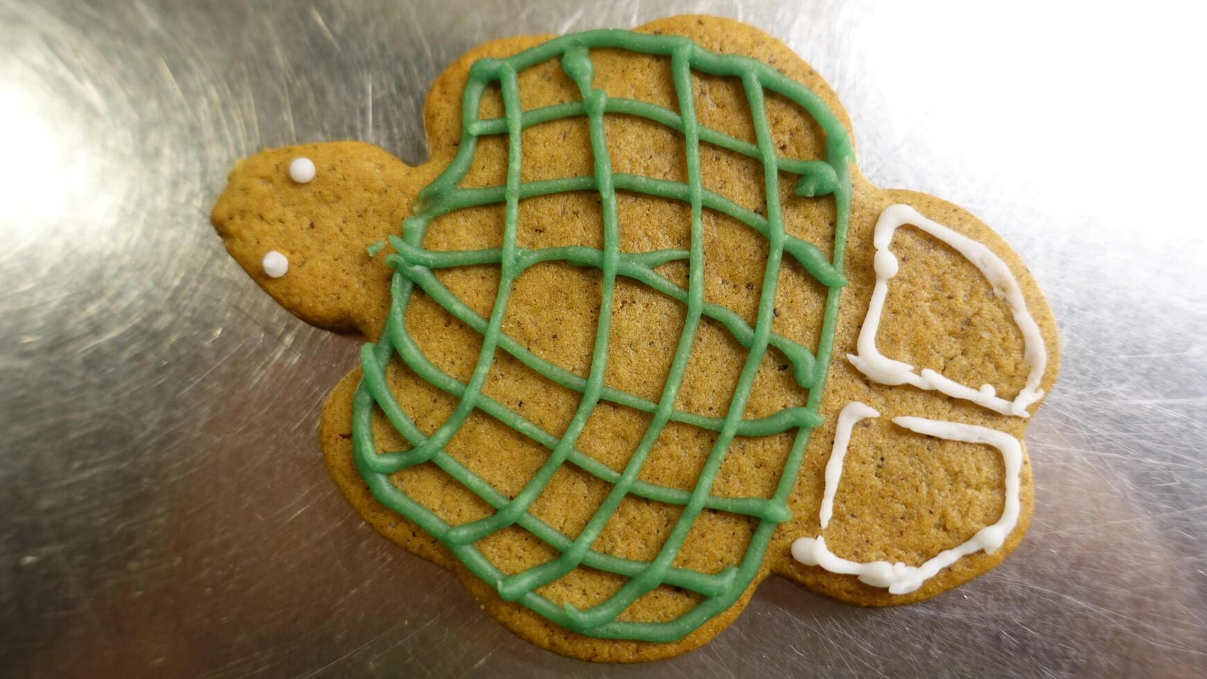 Lebkuchen Plätzchen im das gestalten von ein farbig Schildkröte foto