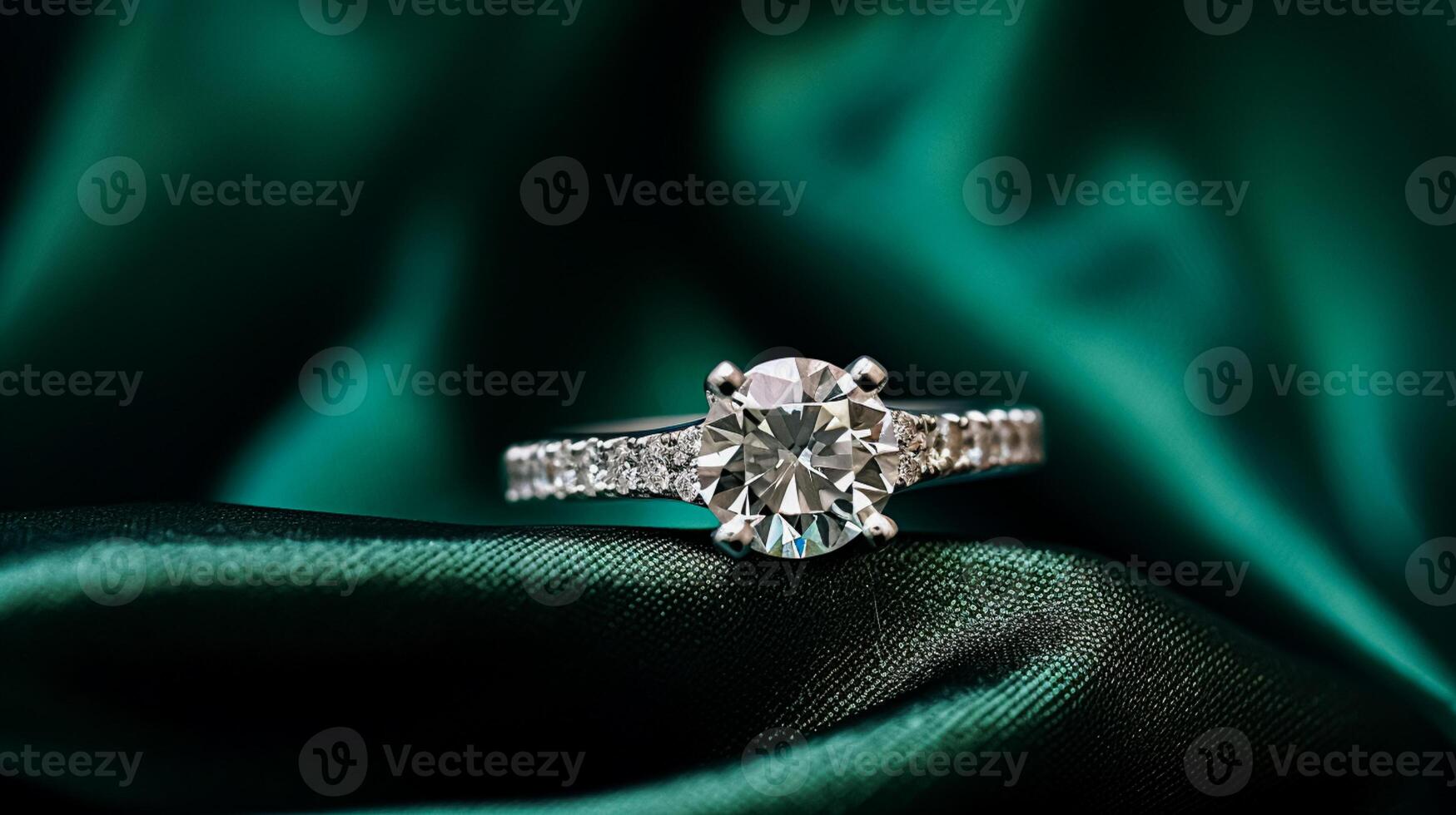 Schmuck, Vorschlag und Urlaub Geschenk, Diamant Engagement Ring auf Grün Seide Stoff, Symbol von Liebe, Romantik und Engagement foto