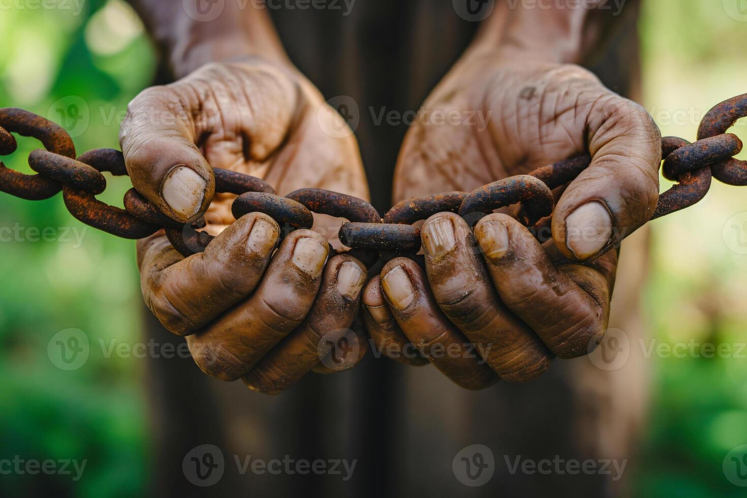 Foto zwei männlich Hände halten ein rostig Metall Kette