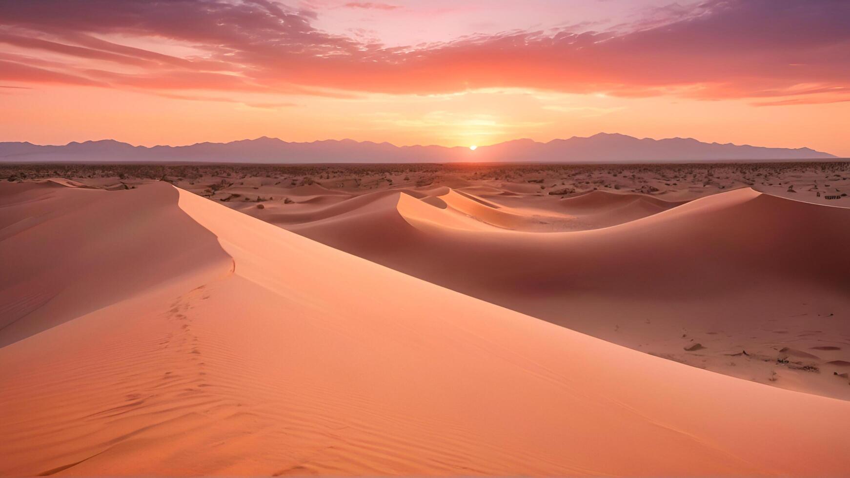 Sonnenuntergang Über majestätisch Sand Dünen ein still Wüste Landschaft beleuchtet durch golden Stunde Licht, Wüste Sonnenuntergang. foto