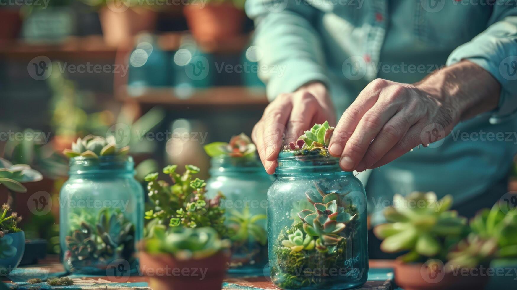 Gärtner nehmen Pflege von Haus Pflanzen im alt wiederverwendet Gläser Über hölzern Tabelle foto