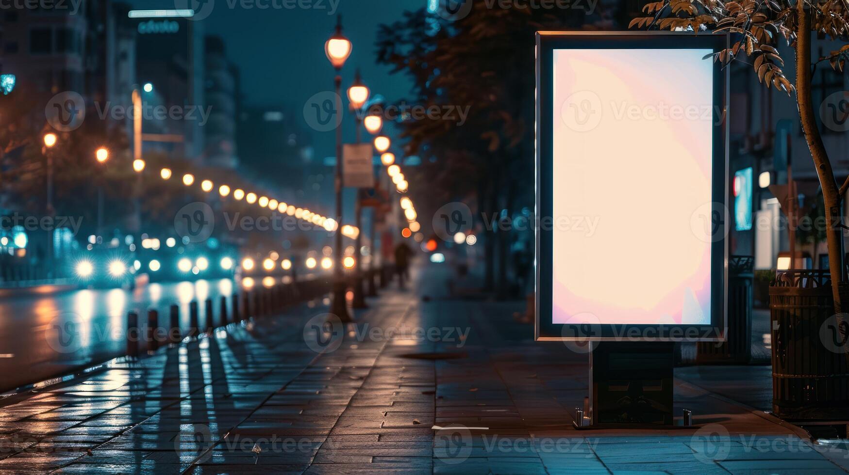 leer Weiß Straße Plakatwand Vertikale Werbung Stand im das Straße beim Nacht foto