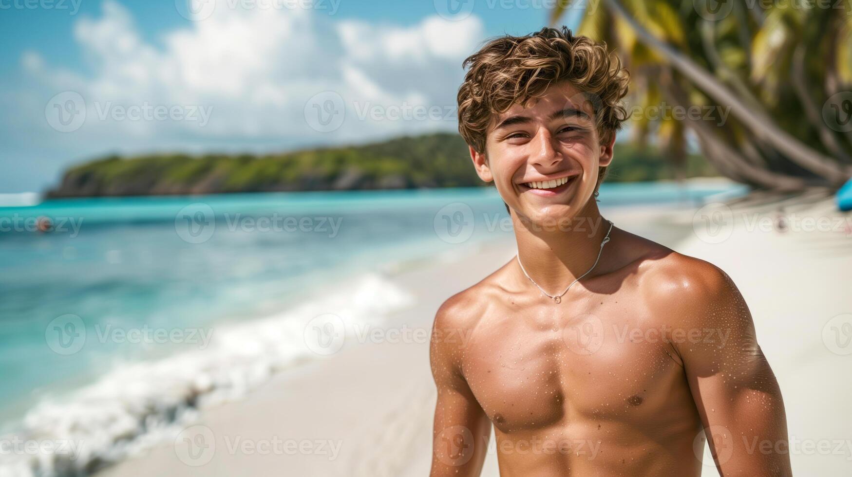 ein lächelnd mit nacktem Oberkörper Athlet mit Halskette beim das tropisch Insel Hintergrund mit Kopieren Raum Bereich, schön Sommer- Strand und Türkis Meer foto