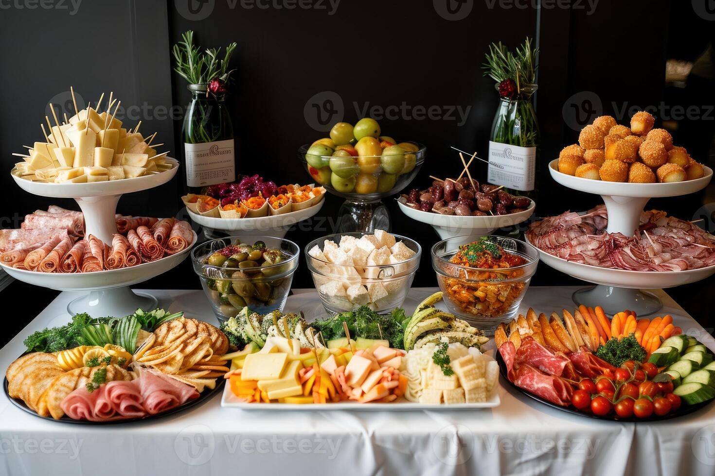 luxuriös Dekoration von Weiß Tischdecken mit viele von Finger Essen bereit Fachmann Werbung Essen Fotografie foto