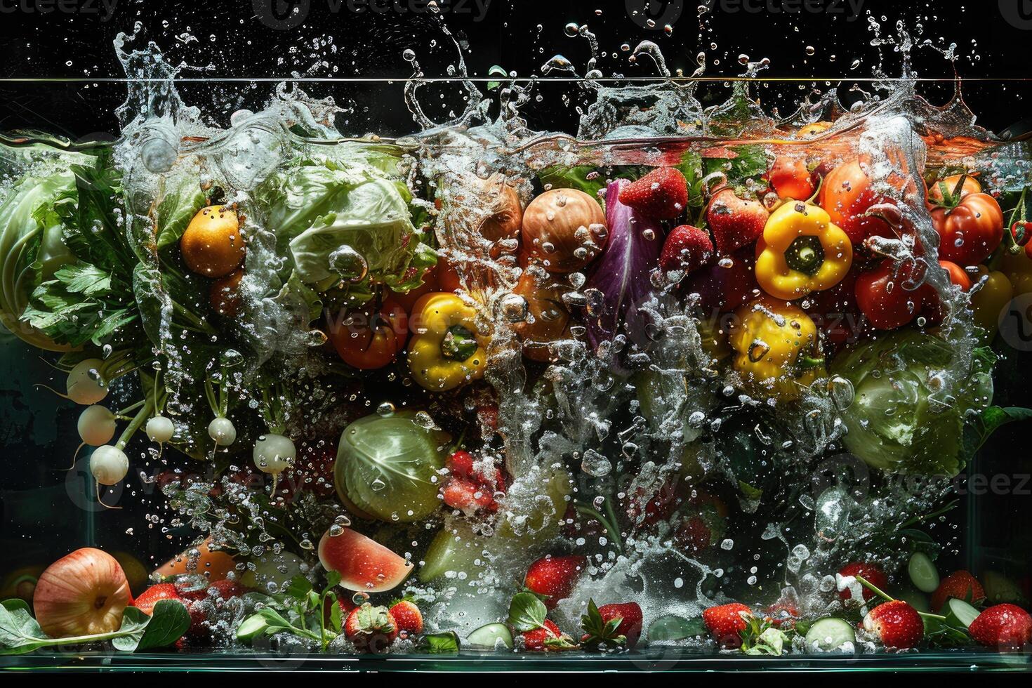 ein frisch Früchte oder Gemüse mit Wasser Tröpfchen Erstellen ein Spritzen Werbung Essen Fotografie foto