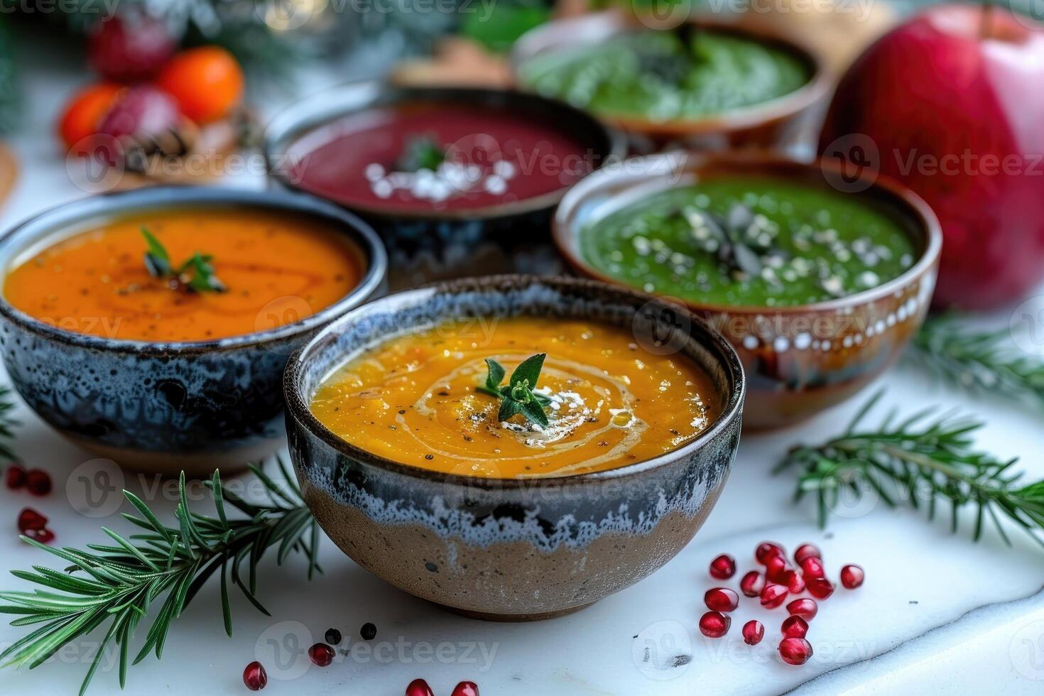 das Wärme und Ernährung von hausgemacht Suppen oder Samt Essen Fachmann Werbung Essen Fotografie foto