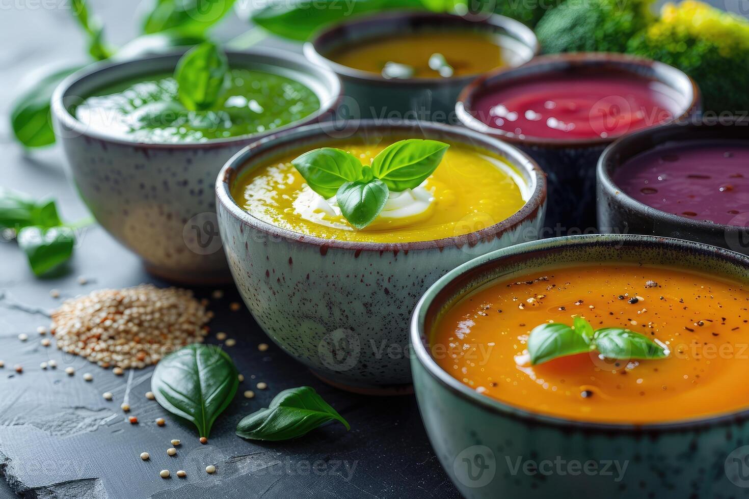 das Wärme und Ernährung von hausgemacht Suppen oder Samt Essen Fachmann Werbung Essen Fotografie foto