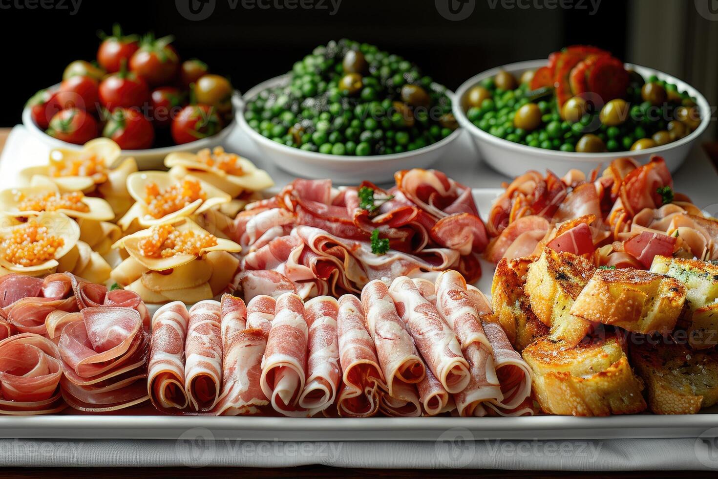 luxuriös Dekoration von Weiß Tischdecken mit viele von Finger Essen bereit Fachmann Werbung Essen Fotografie foto