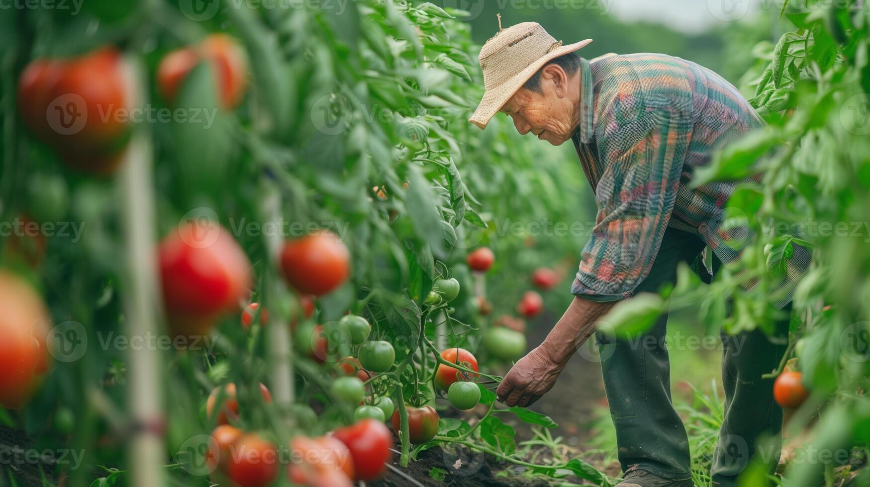 ein zuversichtlich, gut angezogen 40 Jahre alt asiatisch Farmer neigen zu Tomate Pflanzen. voll Körper Schuss, reif Tomaten auf das Ranke, üppig Tomate Obstgarten im das Hintergrund. foto