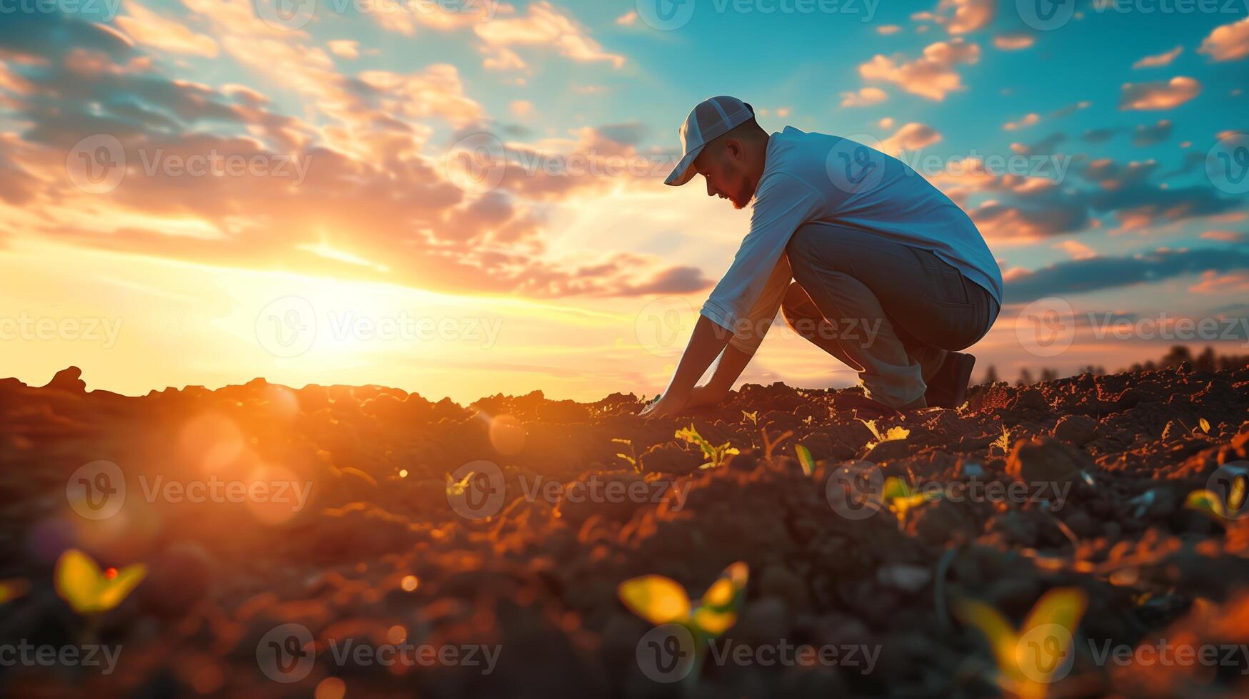 ein Farmer Pflanzen Saat im das Feld. Feld Landschaft von das zurück. generiert durch künstlich Intelligenz. foto