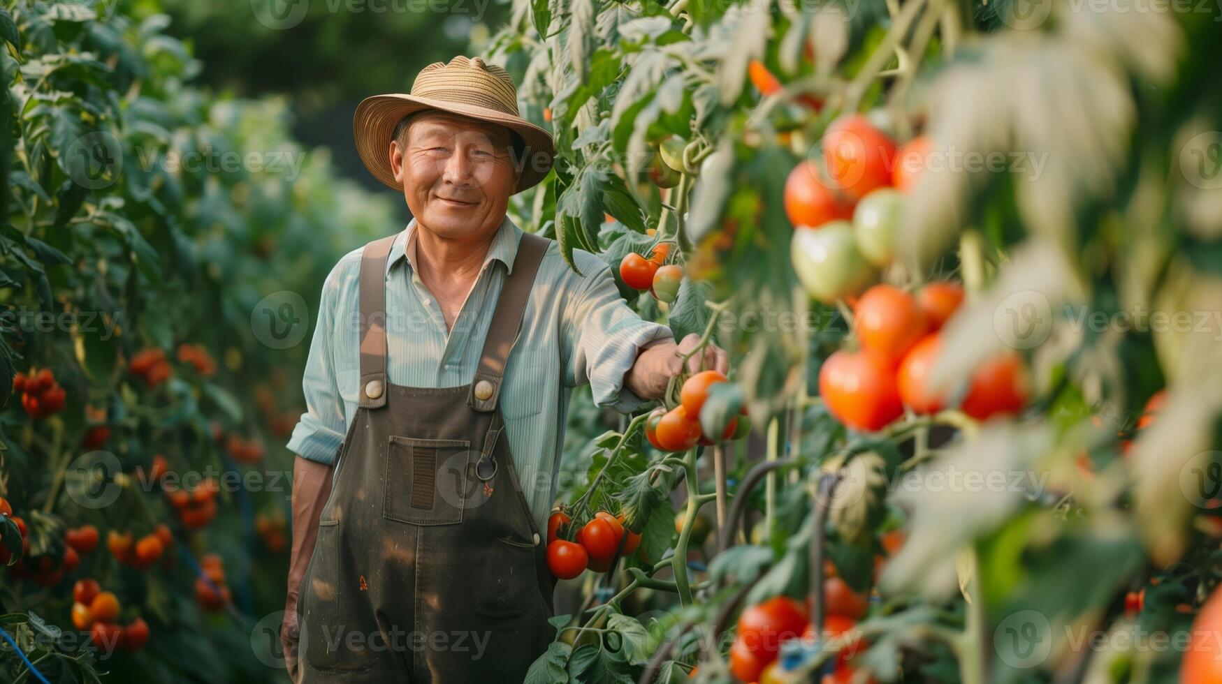 ein zuversichtlich, gut angezogen 40 Jahre alt asiatisch Farmer neigen zu Tomate Pflanzen. voll Körper Schuss, reif Tomaten auf das Ranke, üppig Tomate Obstgarten im das Hintergrund. foto