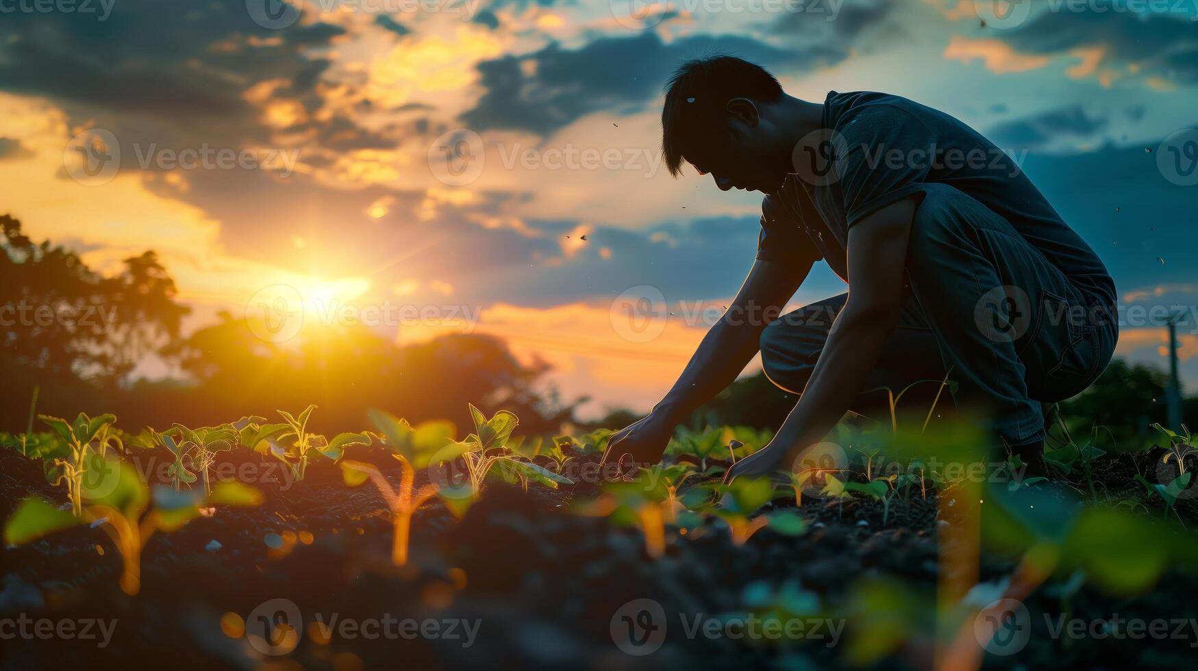 ein Farmer Pflanzen Saat im das Feld. Feld Landschaft von das zurück. generiert durch künstlich Intelligenz. foto