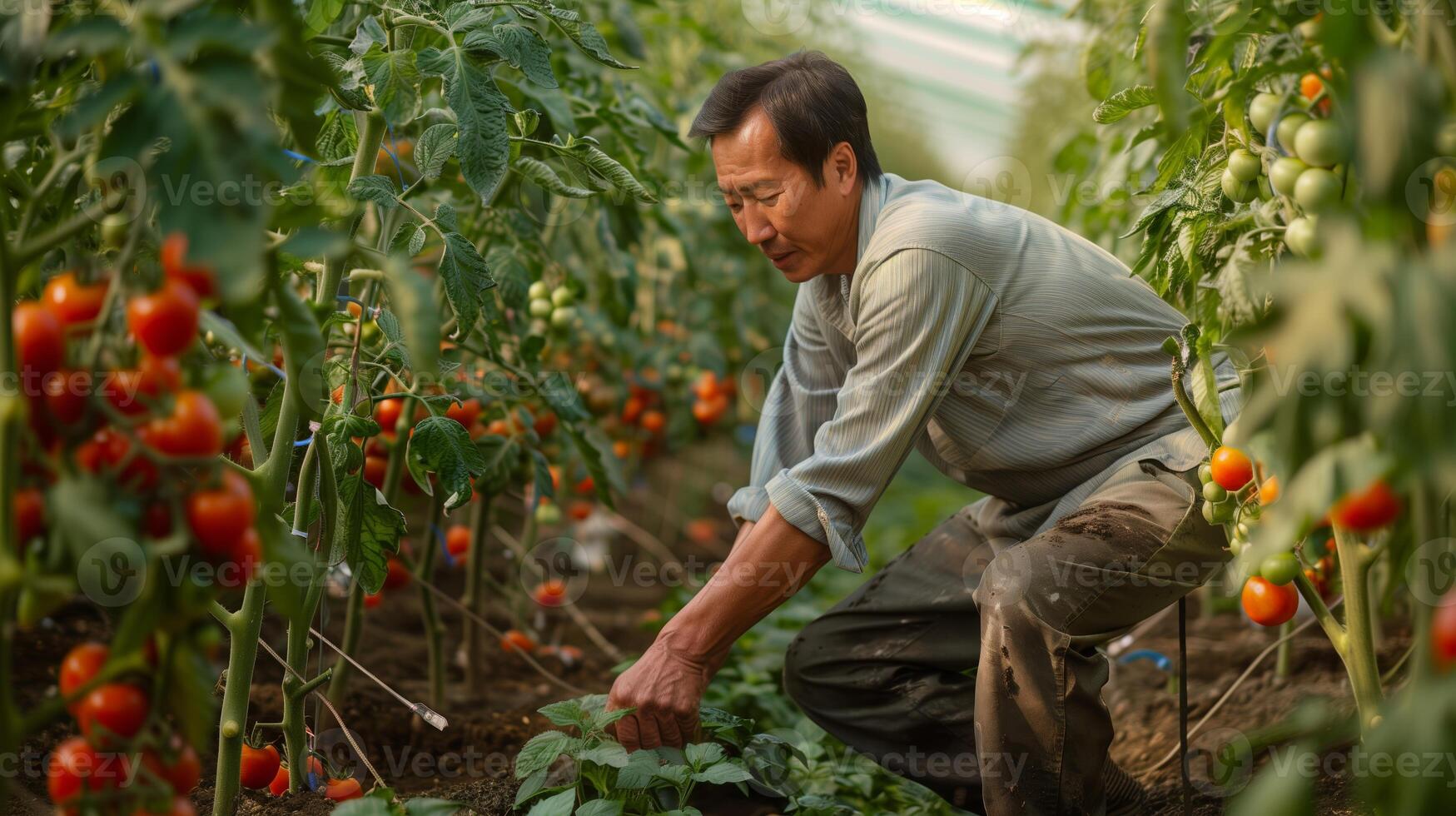 ein zuversichtlich, gut angezogen 40 Jahre alt asiatisch Farmer neigen zu Tomate Pflanzen. voll Körper Schuss, reif Tomaten auf das Ranke, üppig Tomate Obstgarten im das Hintergrund. foto