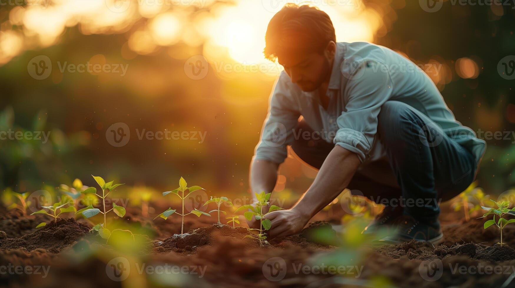 ein Farmer Pflanzen Saat im das Feld. Feld Landschaft von das zurück. generiert durch künstlich Intelligenz. foto