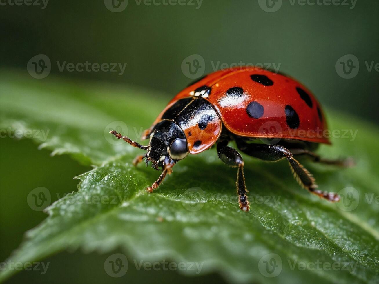 ein Nahansicht von ein rot Marienkäfer mit schwarz Flecken Sitzung auf ein Grün Blatt foto