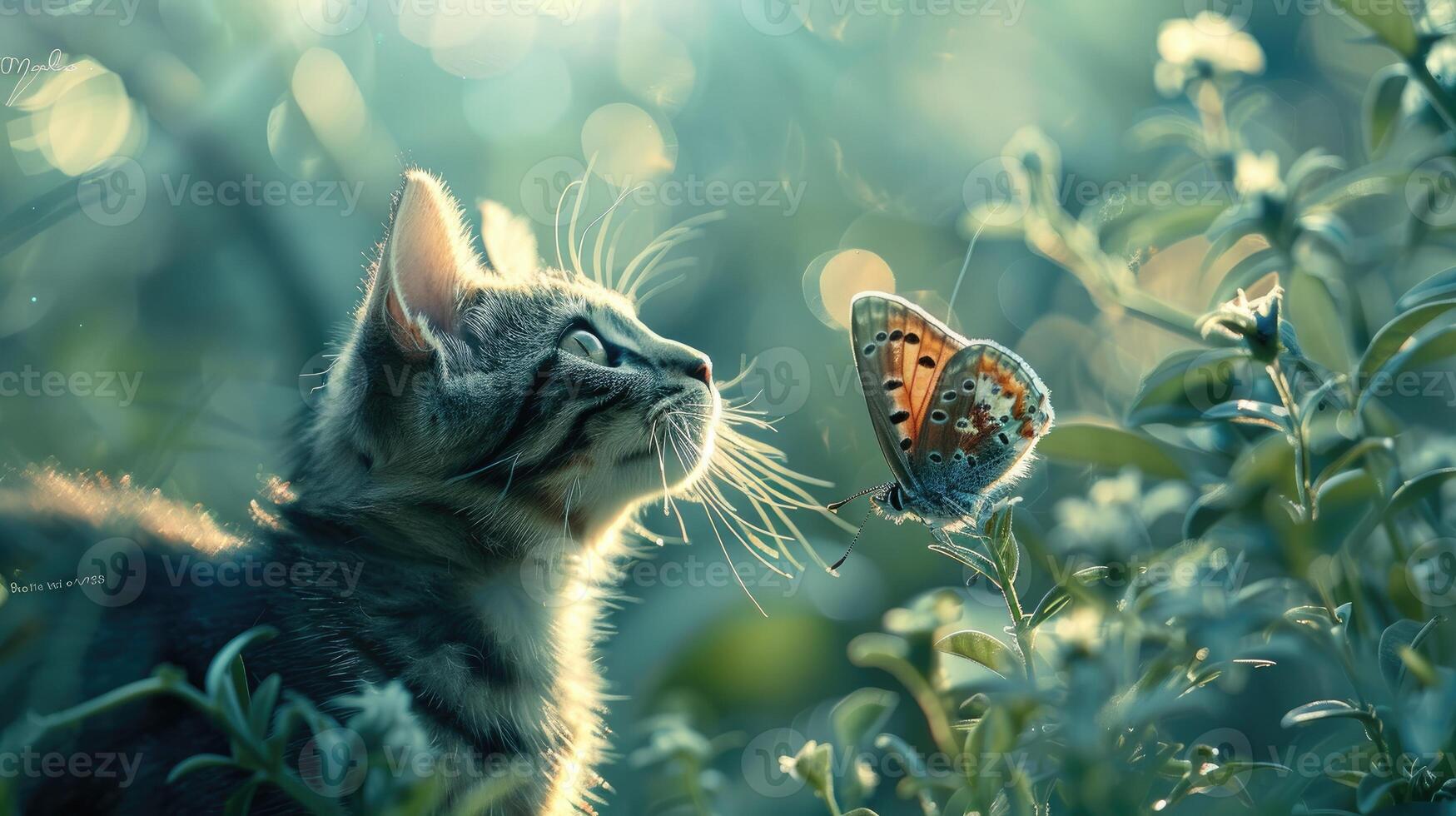 Katze Blick beim ein flattern Schmetterling foto